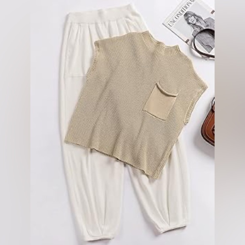 Amazon 2Pc Khaki Knit Top White High Waist Knit Jogger Pant Lounge Set M NWOT - Picture 14 of 16